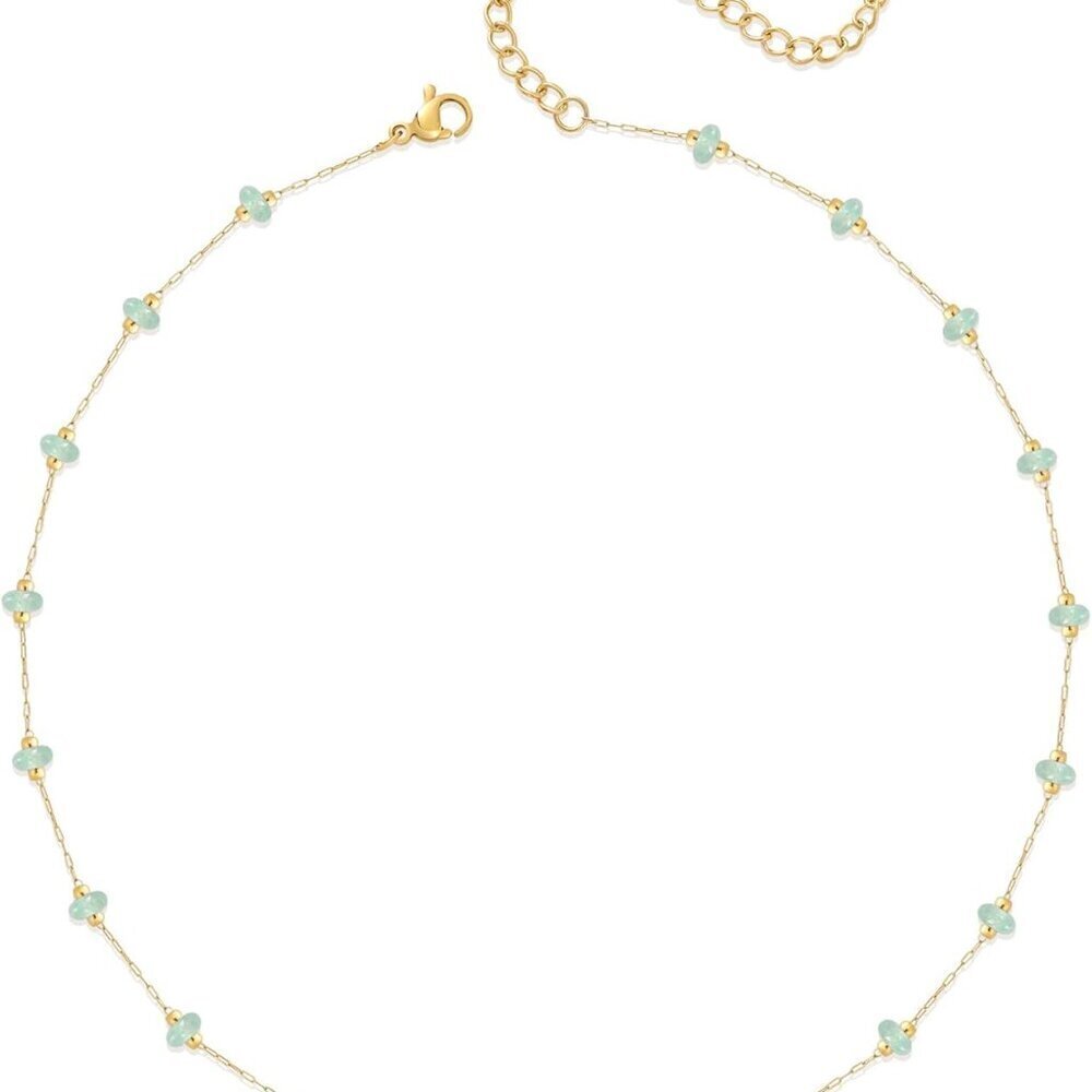 Natural Stone Choker Necklace Beaded Turquoise Carnelian Aventurine Gold Plated